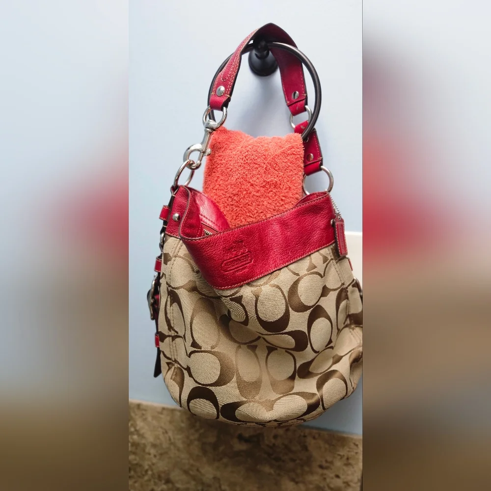 Coach Signature Canvas and Red Leather Tote - Picture 1 of 5